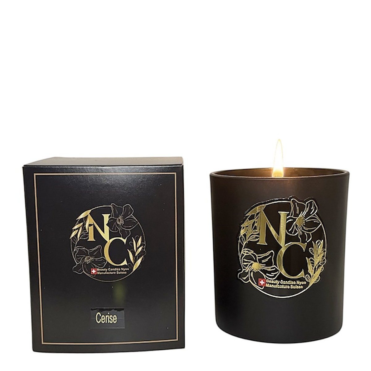 Bougie parfumée Cerise avec son coffret, pot noir, cire de soja blanche