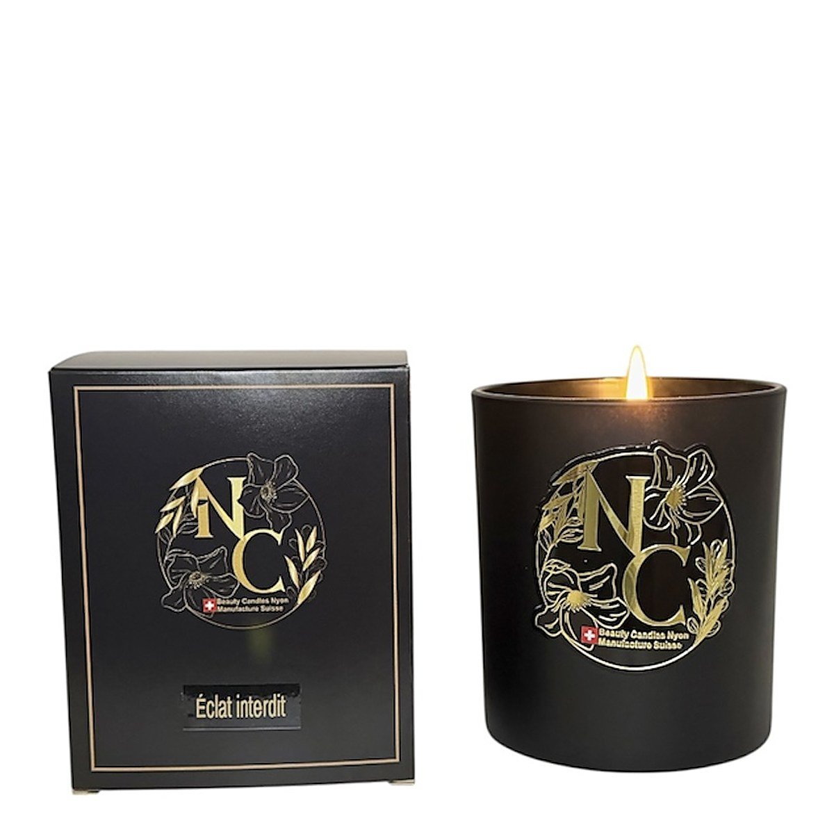 Bougie parfumée Éclat interdit avec son coffret, pot noir, cire de soja blanche