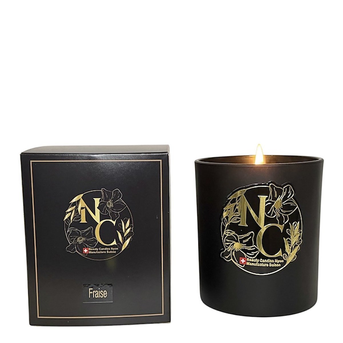 Bougie parfumée Fraise avec son coffret, pot noir, cire de soja blanche