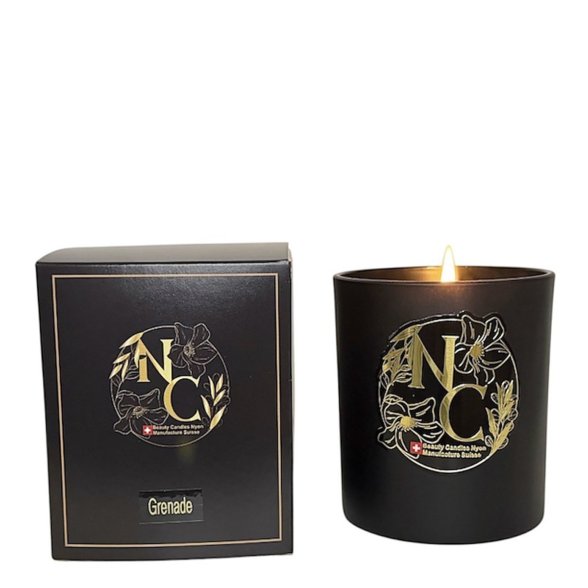 Bougie parfumée Grenade avec son coffret, pot noir, cire de soja blanche