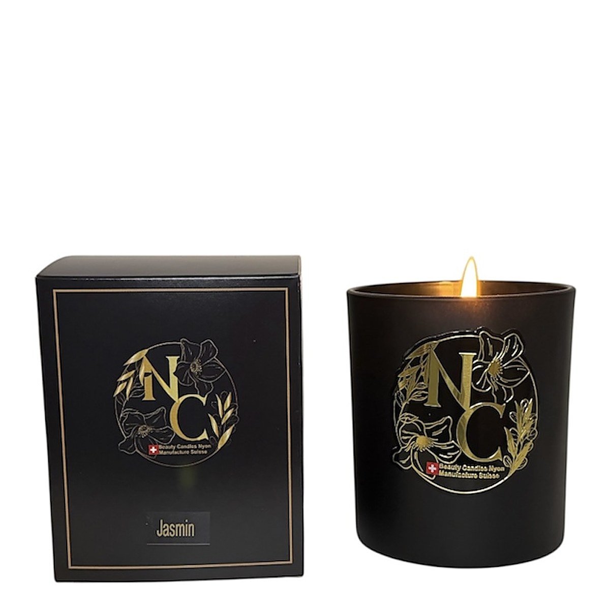Bougie parfumée Jasmin avec son coffret, pot noir, cire de soja blanche