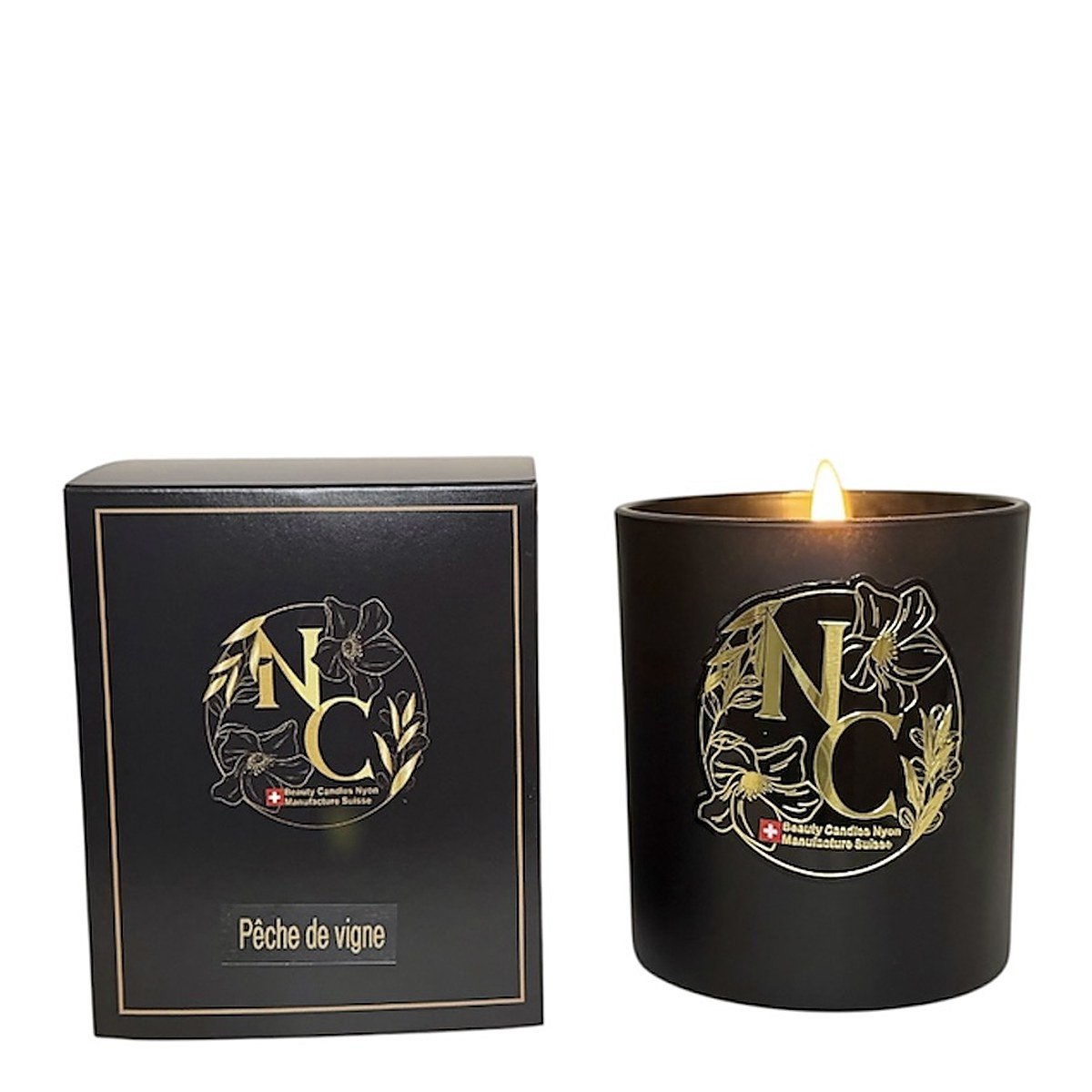 Bougie parfumée Pêche de vigne avec son coffret, pot noir, cire de soja blanche