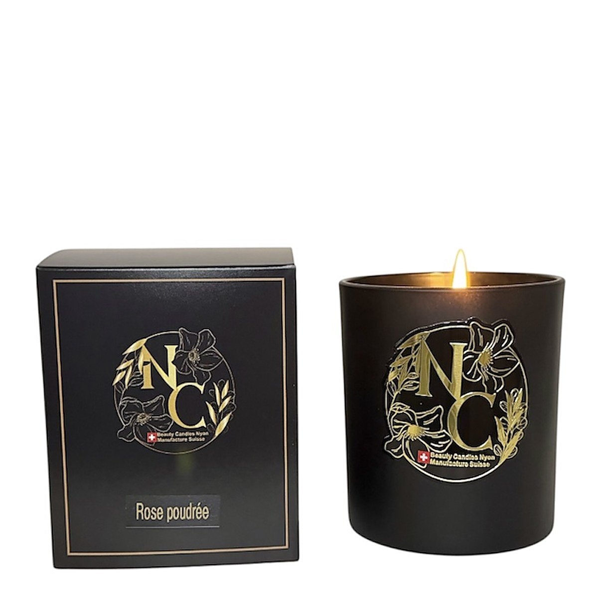 Bougie parfumée Rose poudrée avec son coffret, pot noir, cire de soja blanche